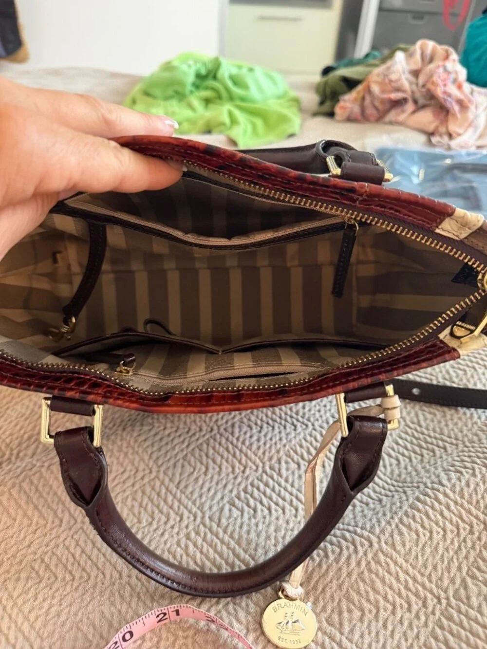 Brahmin Womens Arno Pecan Azuma Multi-toned Handbag Medium Croc-embossed Leather